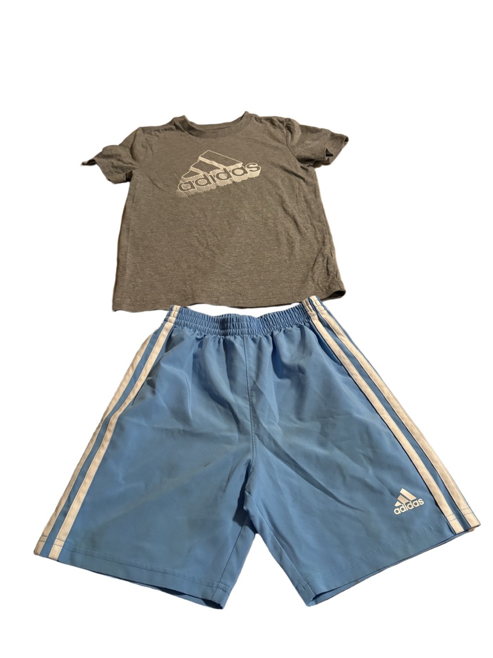 Adidas Grey Logo Tee with Light Blue Stripe Shorts Size 7 Boys